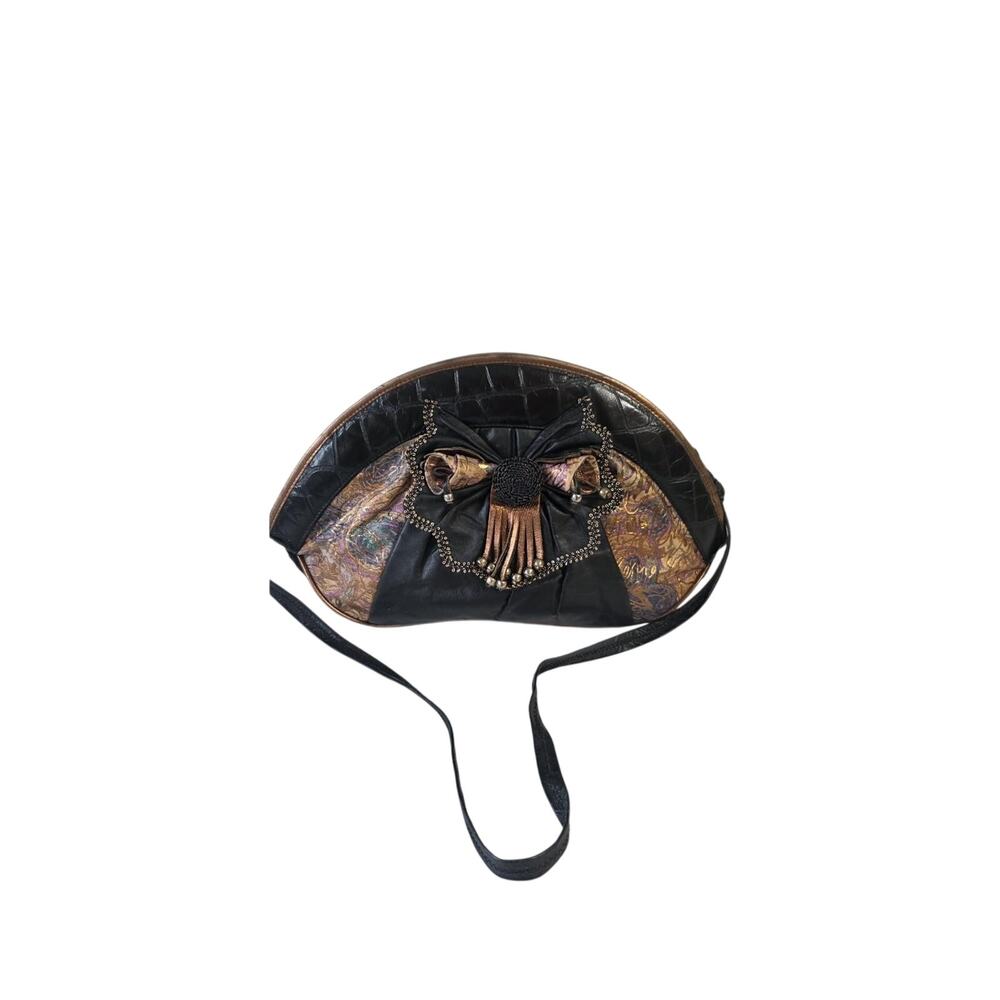 Vintage 80s Black & Bronze Leather Clutch w/ Removable Strap